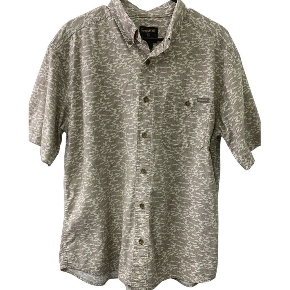 Woolrich Men Button Down Large Tan Marlin Print